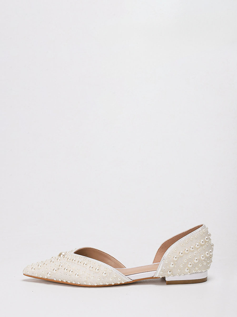 Women’s White Fabric Pointed Toe Pearl Embellished D’Orsay Flats