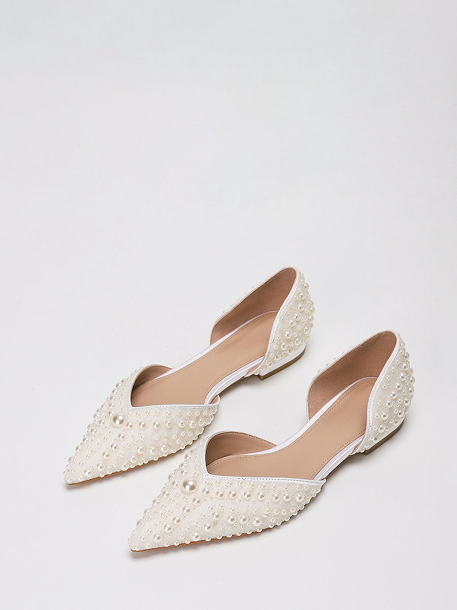 Women’s White Fabric Pointed Toe Pearl Embellished D’Orsay Flats (4)