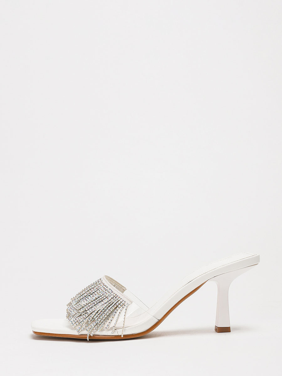 Women’s White Matte PU Clear Upper Rhinestone Tassel Stiletto Heels Slide Square Toe Sandals