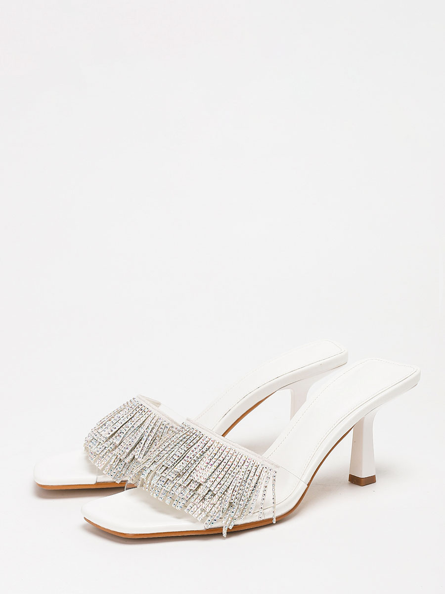 Women’s White Matte PU Clear Upper Rhinestone Tassel Stiletto Heels Slide Square Toe Sandals (2)