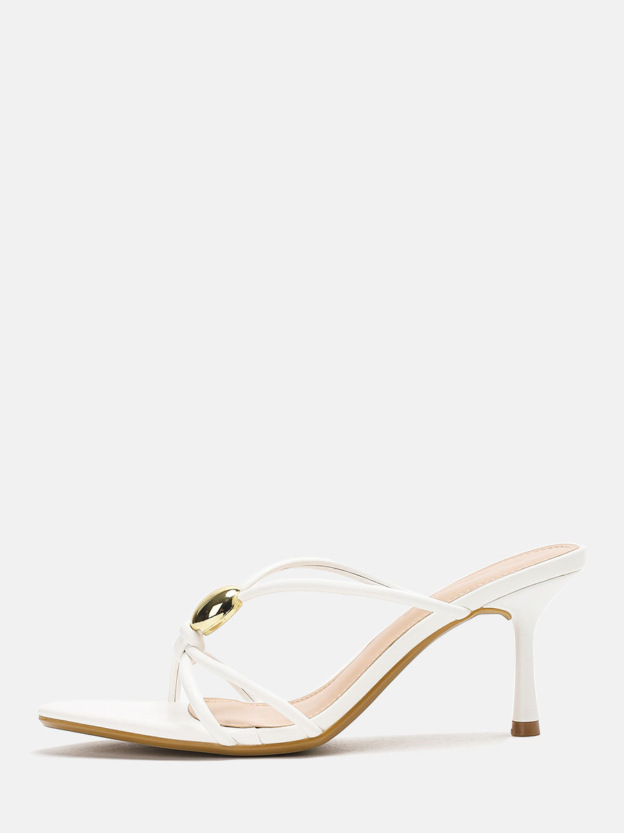 Women’s White Matte Synthetic Leather Metal Design Cut-Out Stiletto Heels Open Toe Sandals