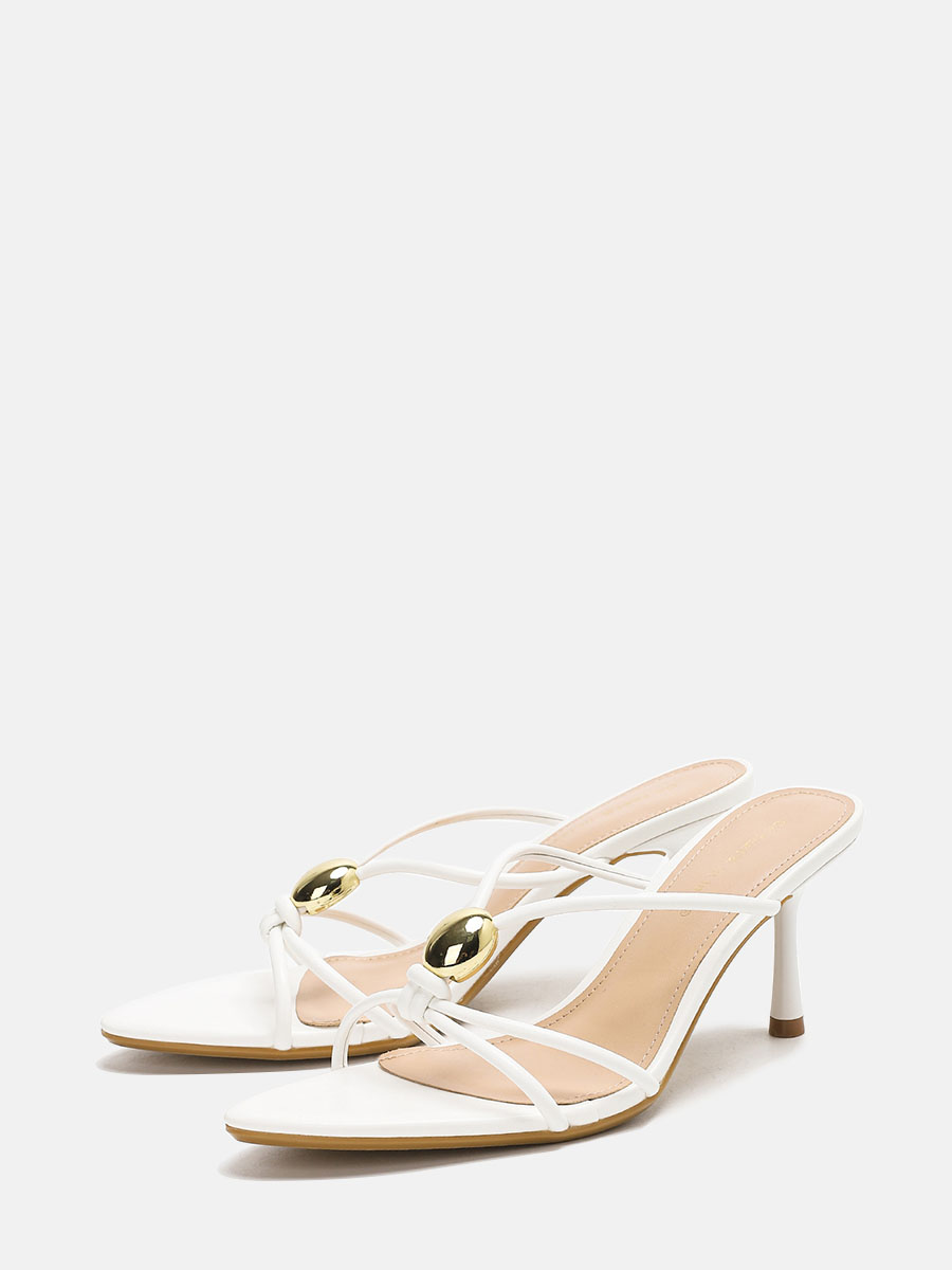 Women’s White Matte Synthetic Leather Metal Design Cut-Out Stiletto Heels Open Toe Sandals (2)