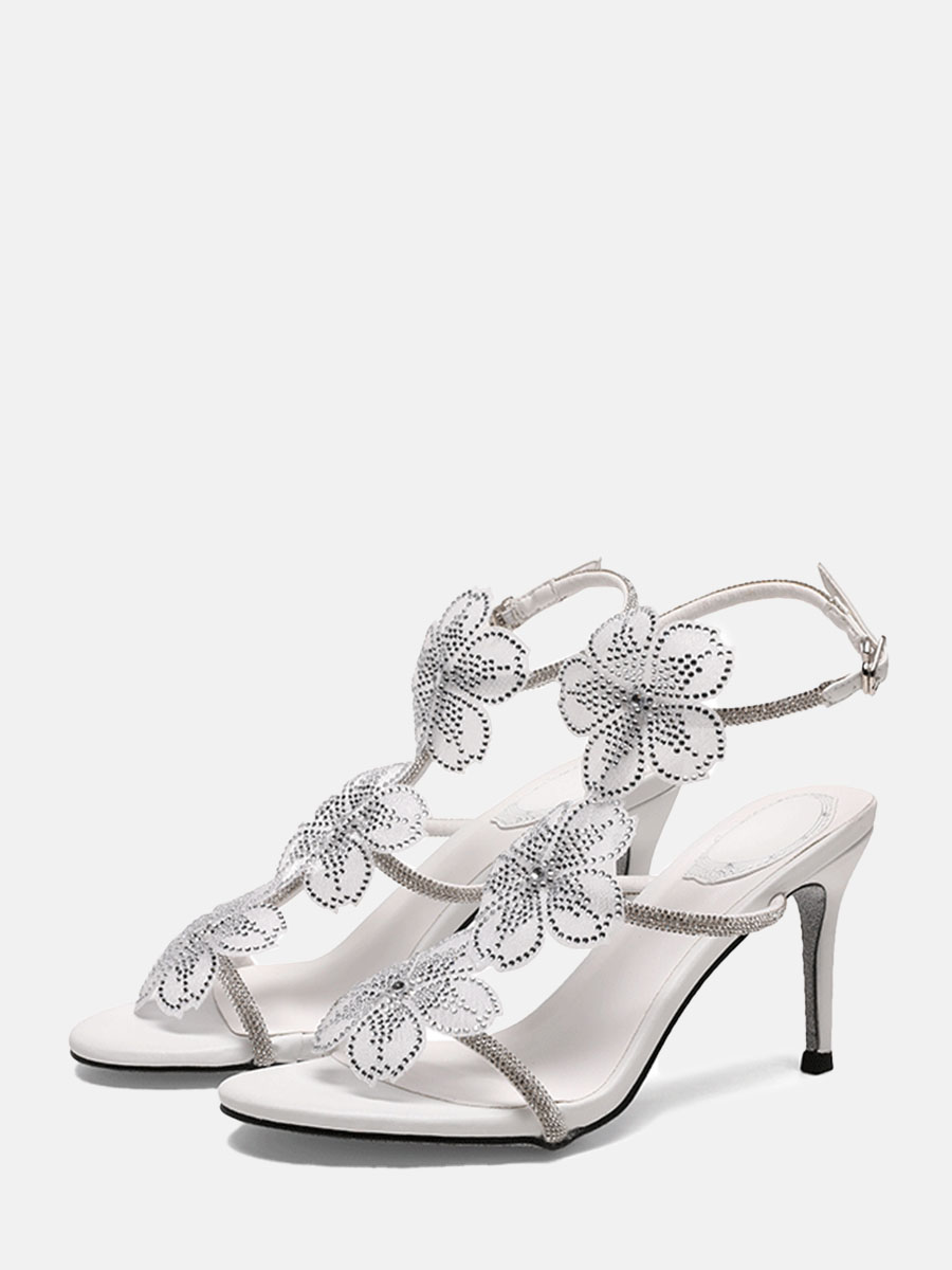 Women’s White Rhinestones Floral Microfiber Buckle Ankle Strap Stiletto Heels Open Toe Sandals