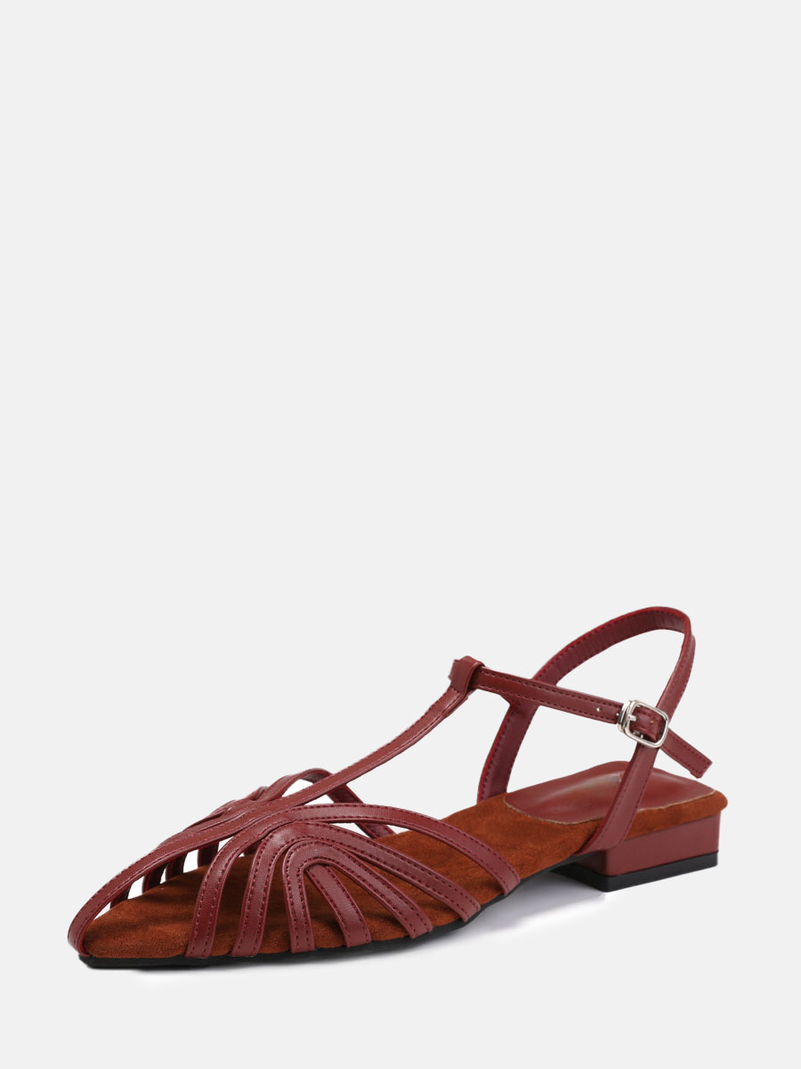 Women’s Wine Red PU Strappy T-Strap Buckle Low Block Heels Pointed Toe Gladiator Sandals