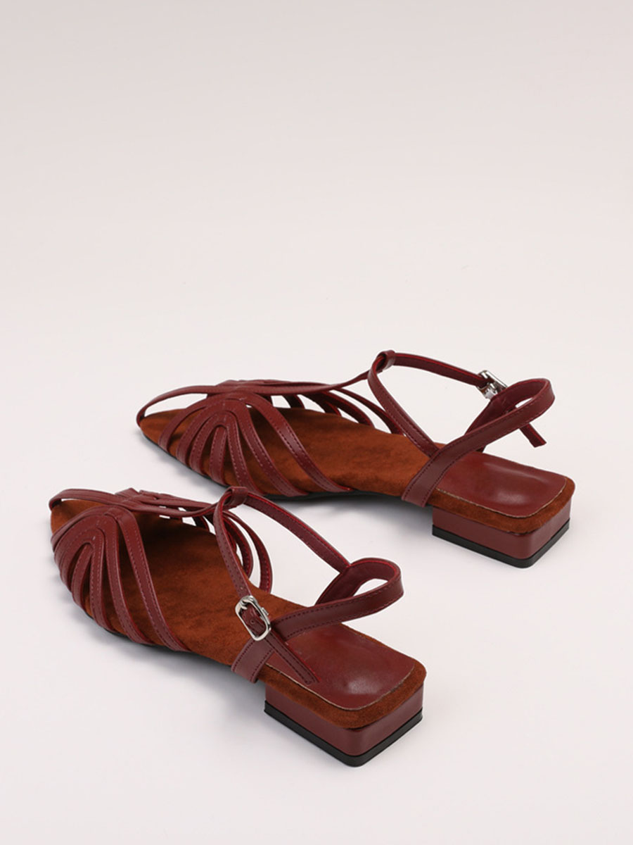 Women’s Wine Red PU Strappy T-Strap Buckle Low Block Heels Pointed Toe Gladiator Sandals (2)