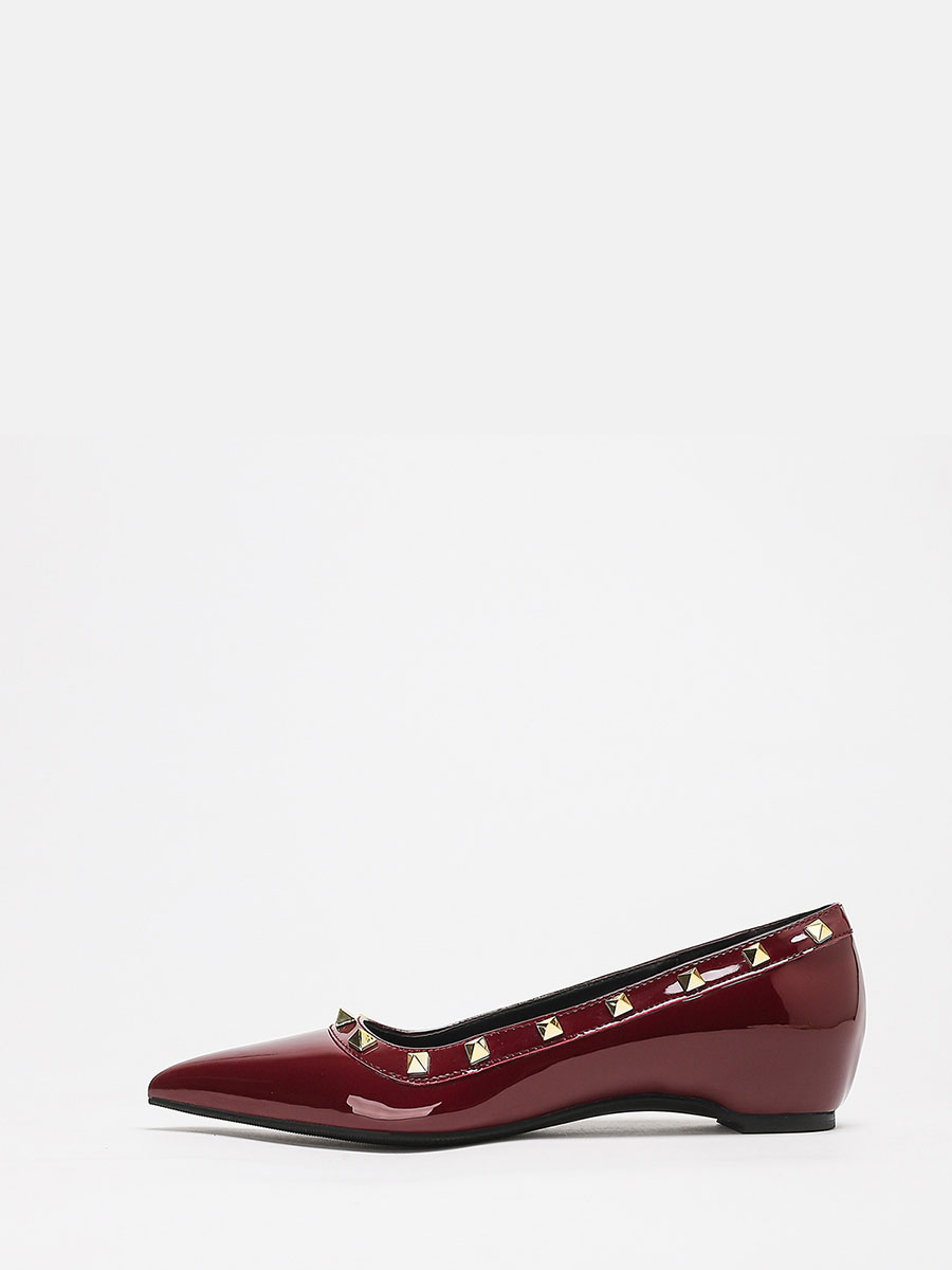 Women’s Wine Red Patent Synthetic Leather Studded Pointed Toe Flat Heels Pumps
