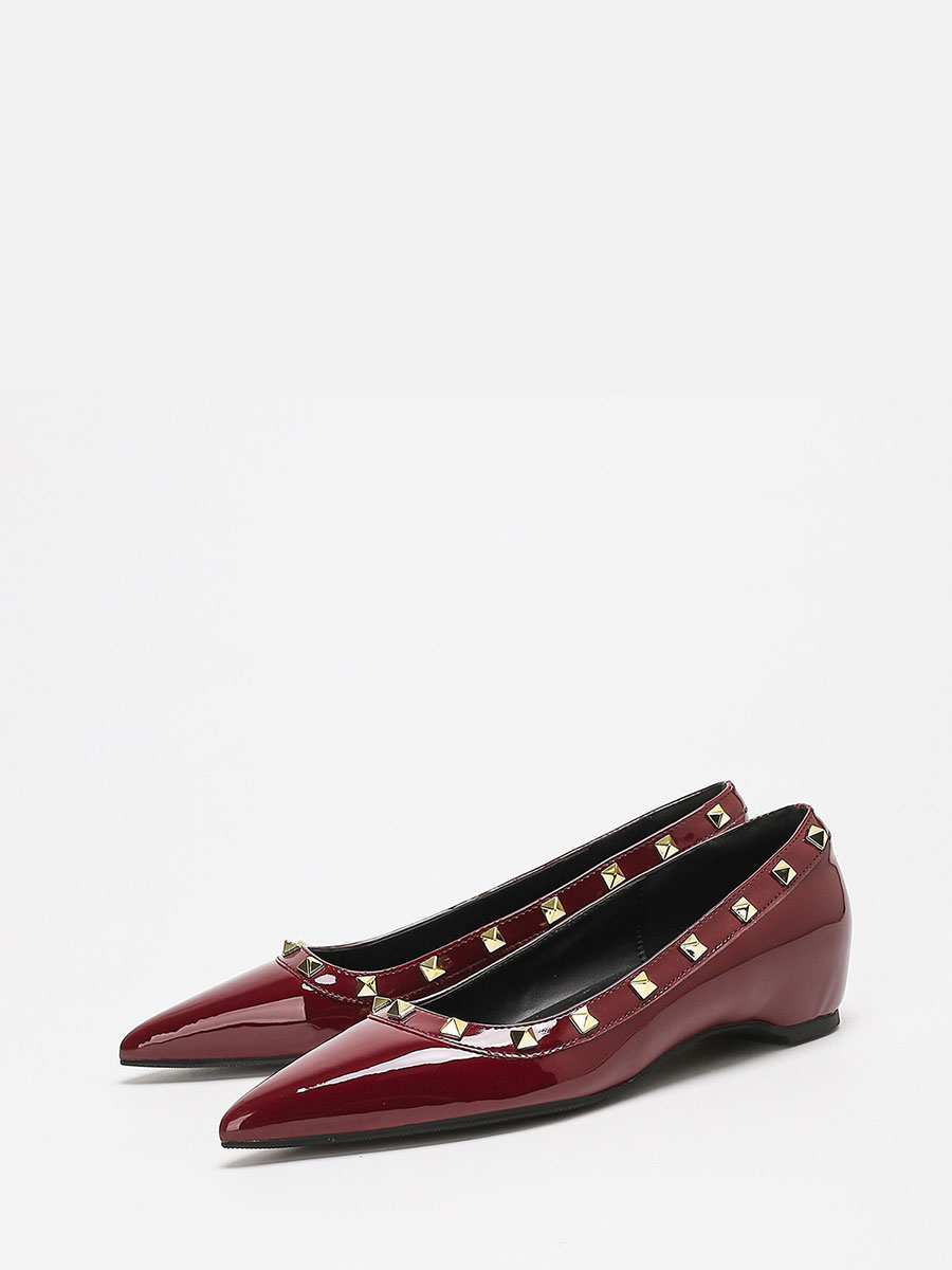 Women’s Wine Red Patent Synthetic Leather Studded Pointed Toe Flat Heels Pumps (2)