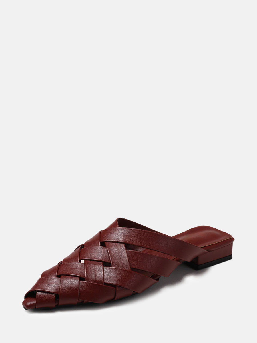 Women’s Wine Red Woven PU Pointed Toe Block Heels Mules