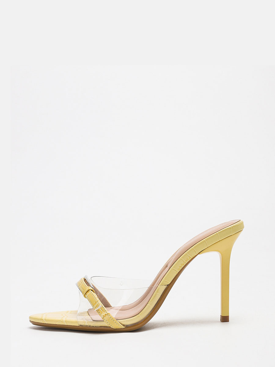 Women’s Yellow Crocodile Embossed PU Buckle Stiletto Heels Open Toe Clear Mules