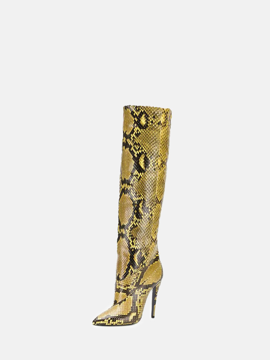 Women’s Yellow PU Python Print Stiletto Heels Pointed Toe Knee High Boots (1)