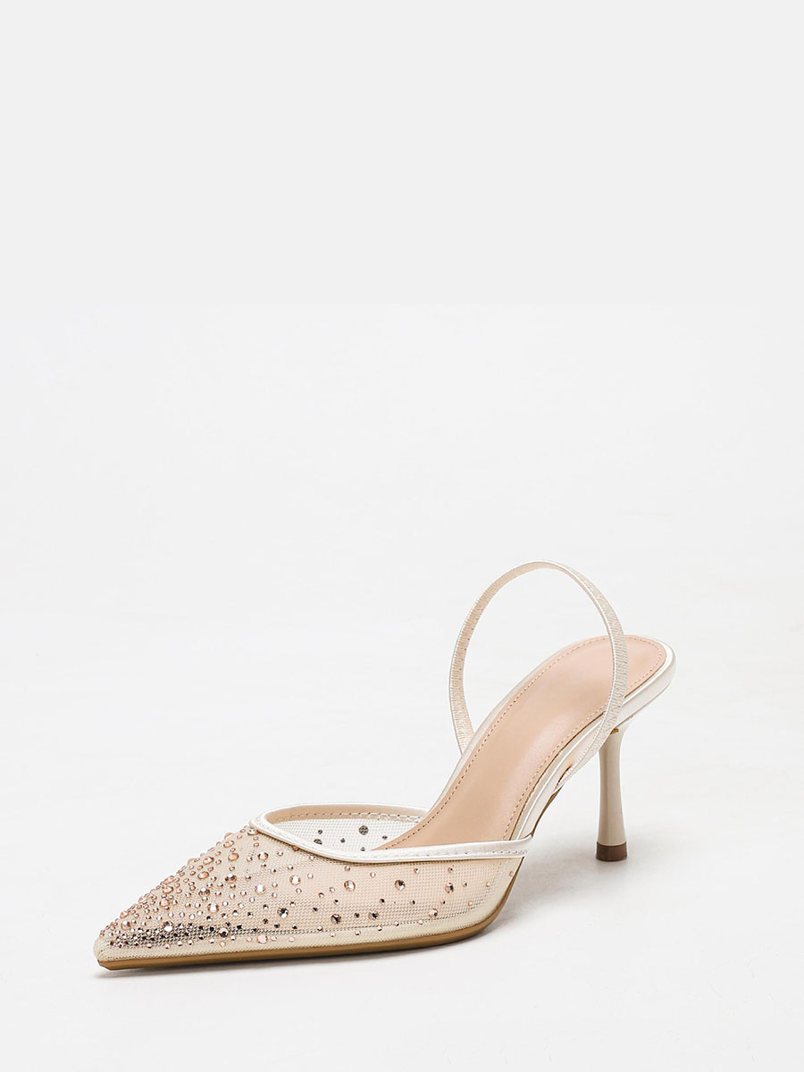 Women’s Apricot PU Mesh Pointed Toe Rhinestone Slingback Stiletto Heels Pumps
