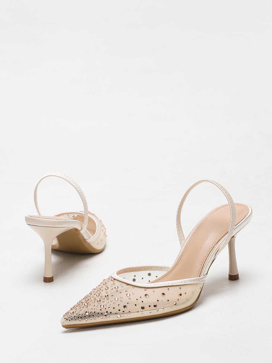 Women’s Apricot PU Mesh Pointed Toe Rhinestone Slingback Stiletto Heels Pumps (2)
