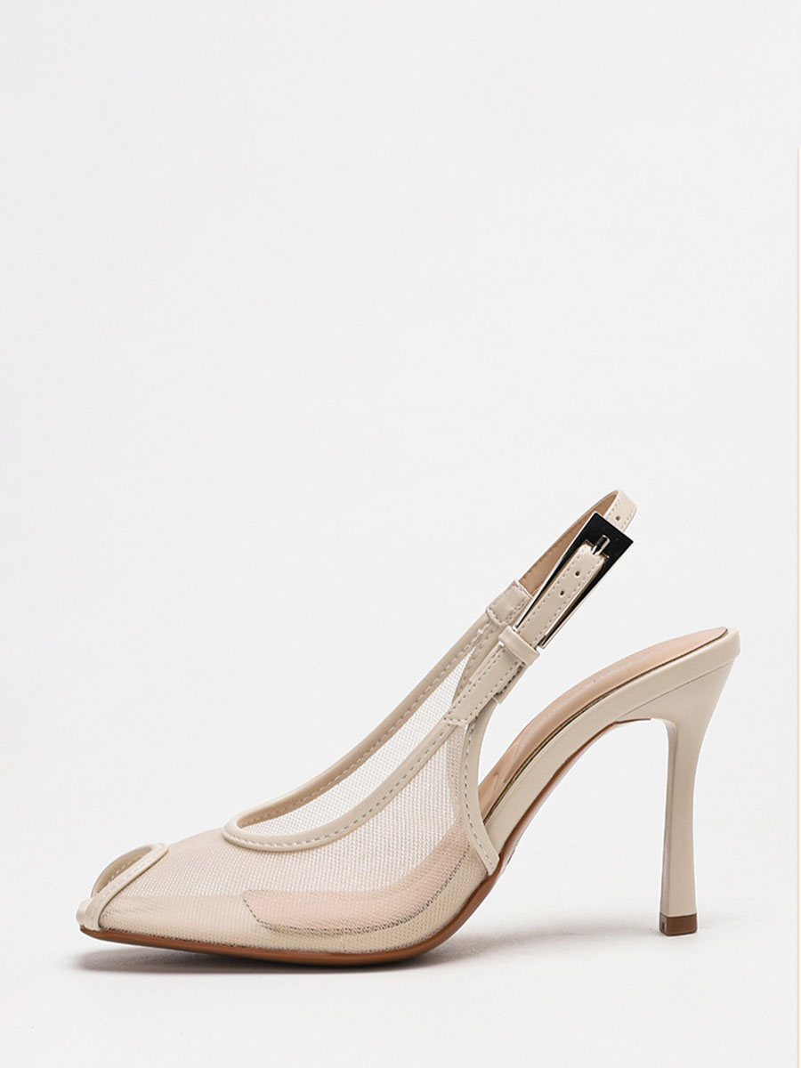 Women’s Beige Mesh Synthetic Buckle Stiletto Heels Slingback Peep Toe Sandals