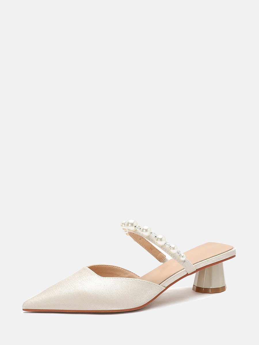 Women’s Beige Satin Pearl Embellished Strap Pointed Toe Block Heels Mule Sandals (2)