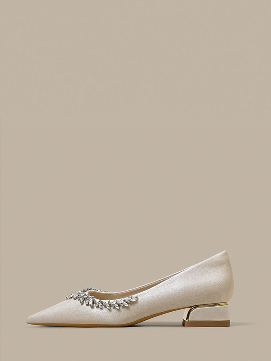Women’s Beige Satin Pointed Toe Rhinestone Low Block Heels Pumps