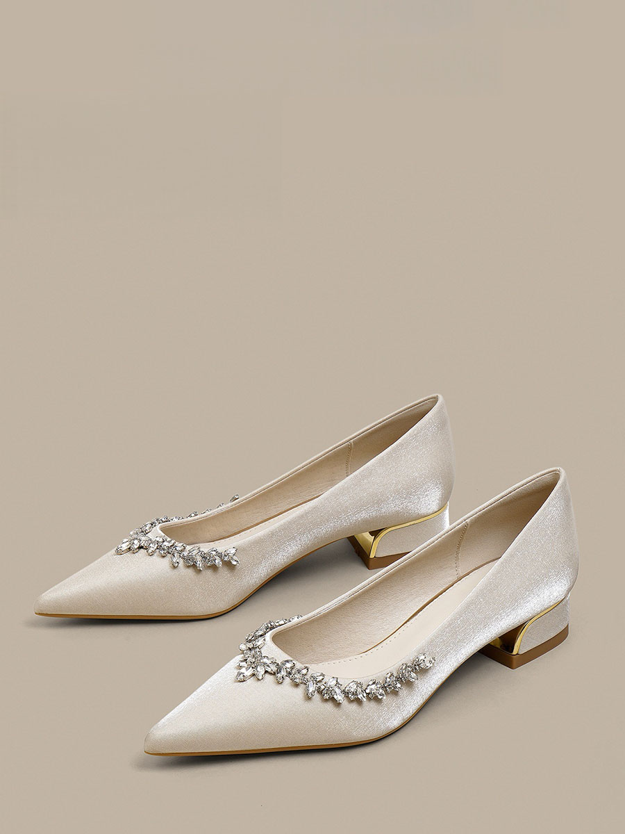 Women’s Beige Satin Pointed Toe Rhinestone Low Block Heels Pumps (3)