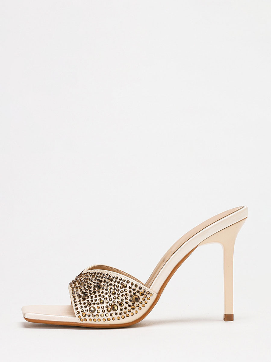 Women’s Beige Satin Square Toe Rhinestone Stiletto Heels Mule Sandals