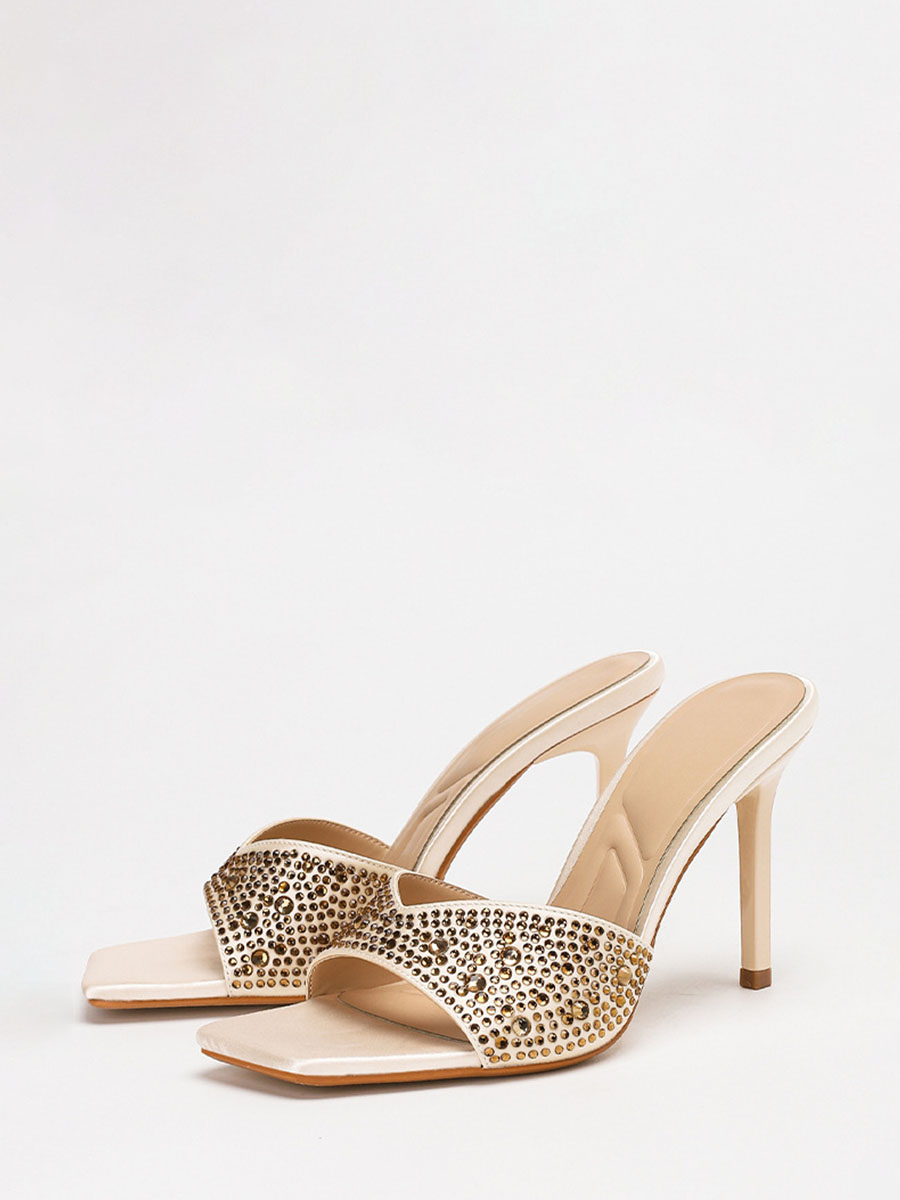 Women’s Beige Satin Square Toe Rhinestone Stiletto Heels Mule Sandals (2)