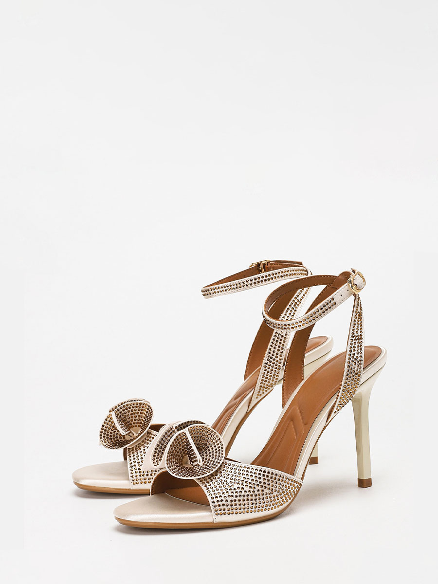 Women’s Beige Synthetic Leather Rhinestone Ankle Strap Buckle Stiletto Heels Sandals (1)