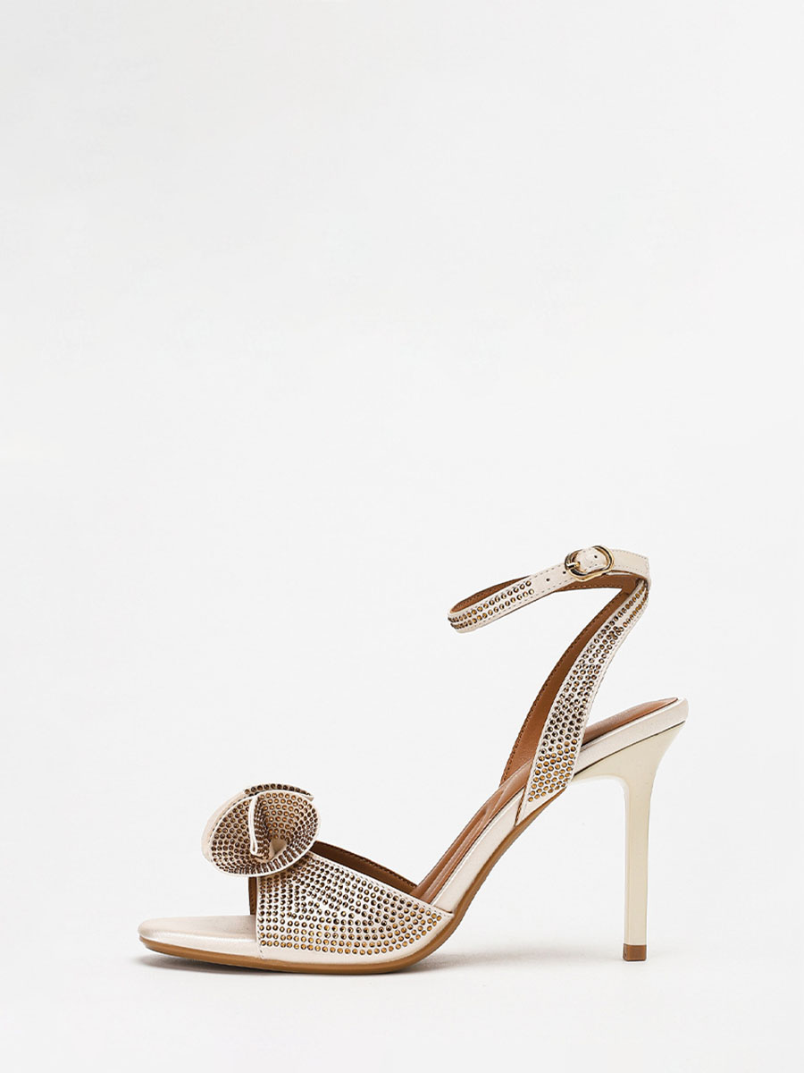 Women’s Beige Synthetic Leather Rhinestone Ankle Strap Buckle Stiletto Heels Sandals