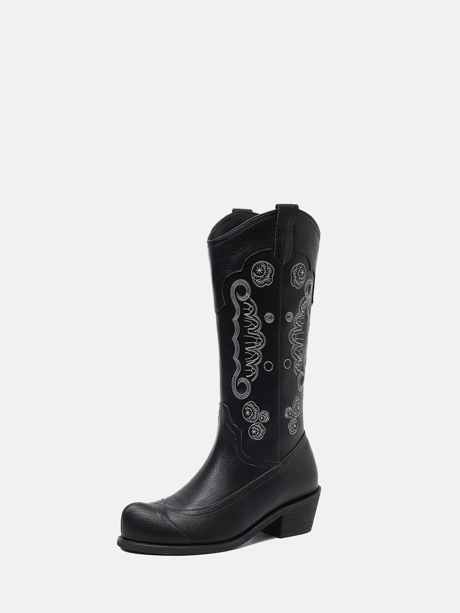 Women’s Black Cowhide Laminated Embroidery Western Block Heels Mid Calf Boots