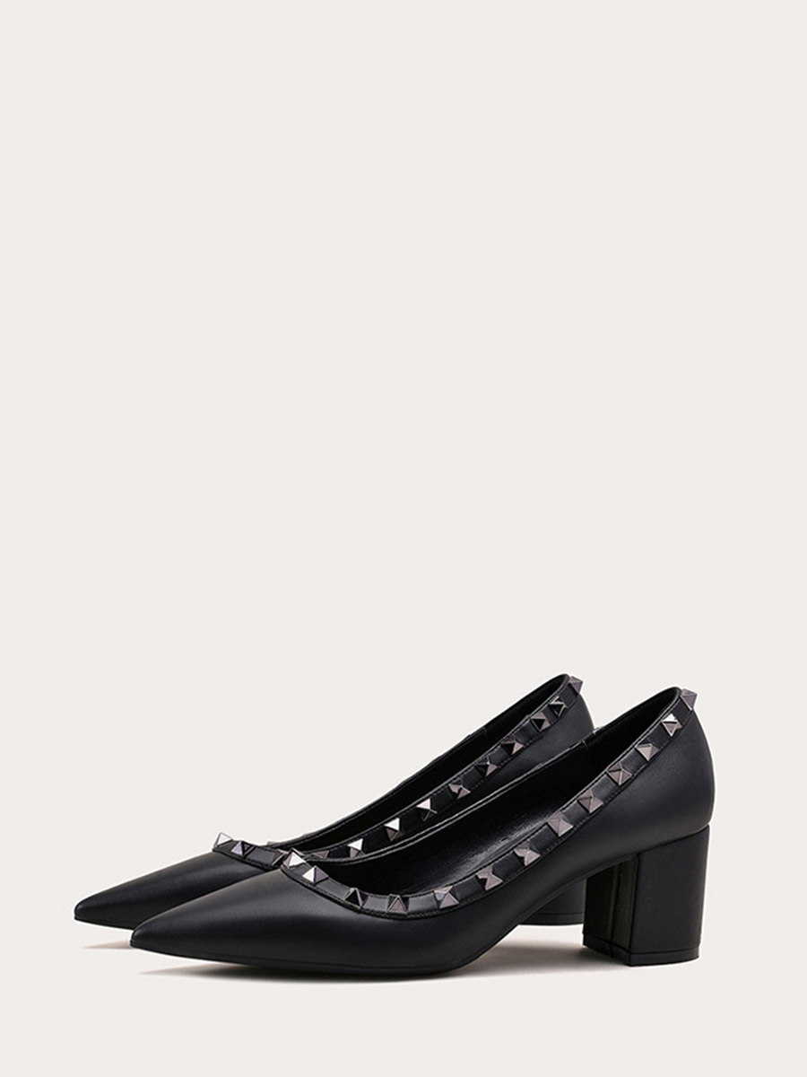 Women’s Black Matte Cowhide Studded Block Heels Pointed Toe Pumps (1)