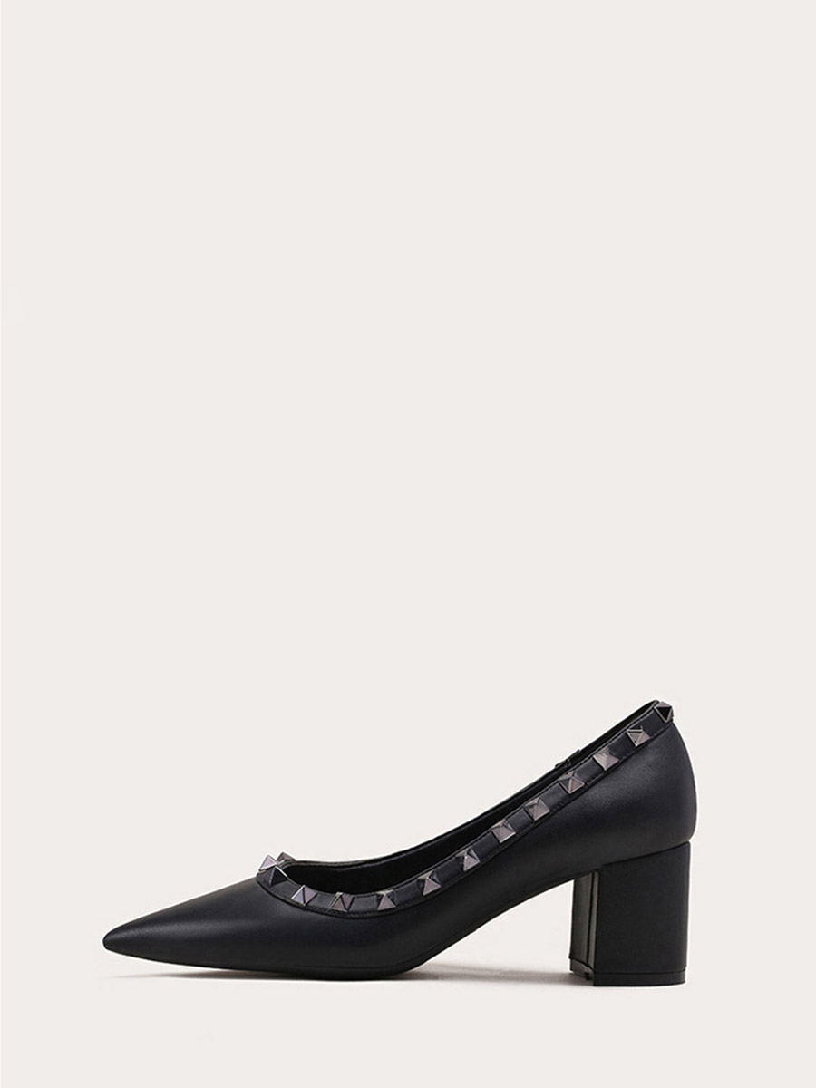 Women’s Black Matte Cowhide Studded Block Heels Pointed Toe Pumps