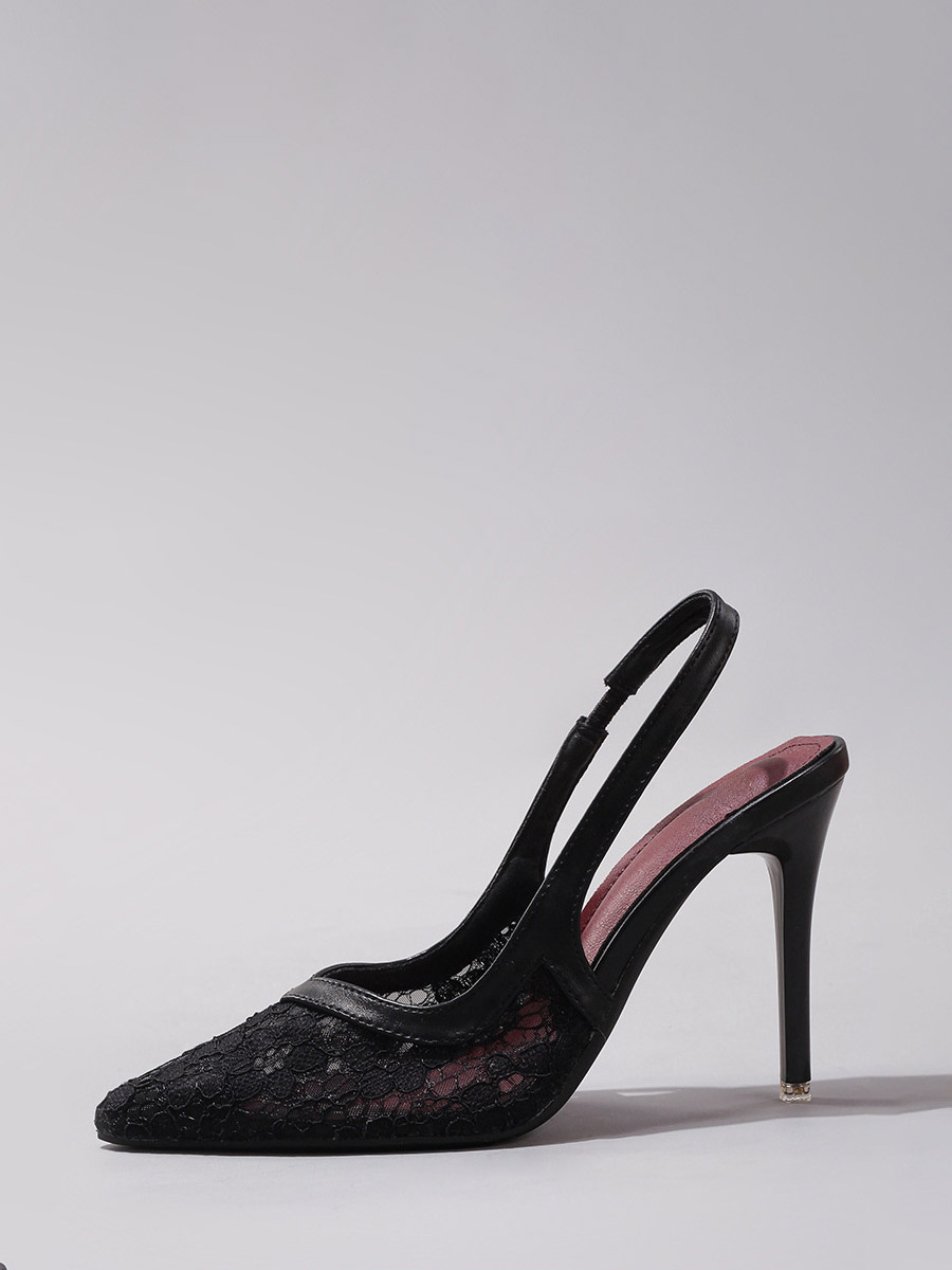 Women’s Black Mesh Lace Slingback Stiletto Heels Pointed Toe Pumps