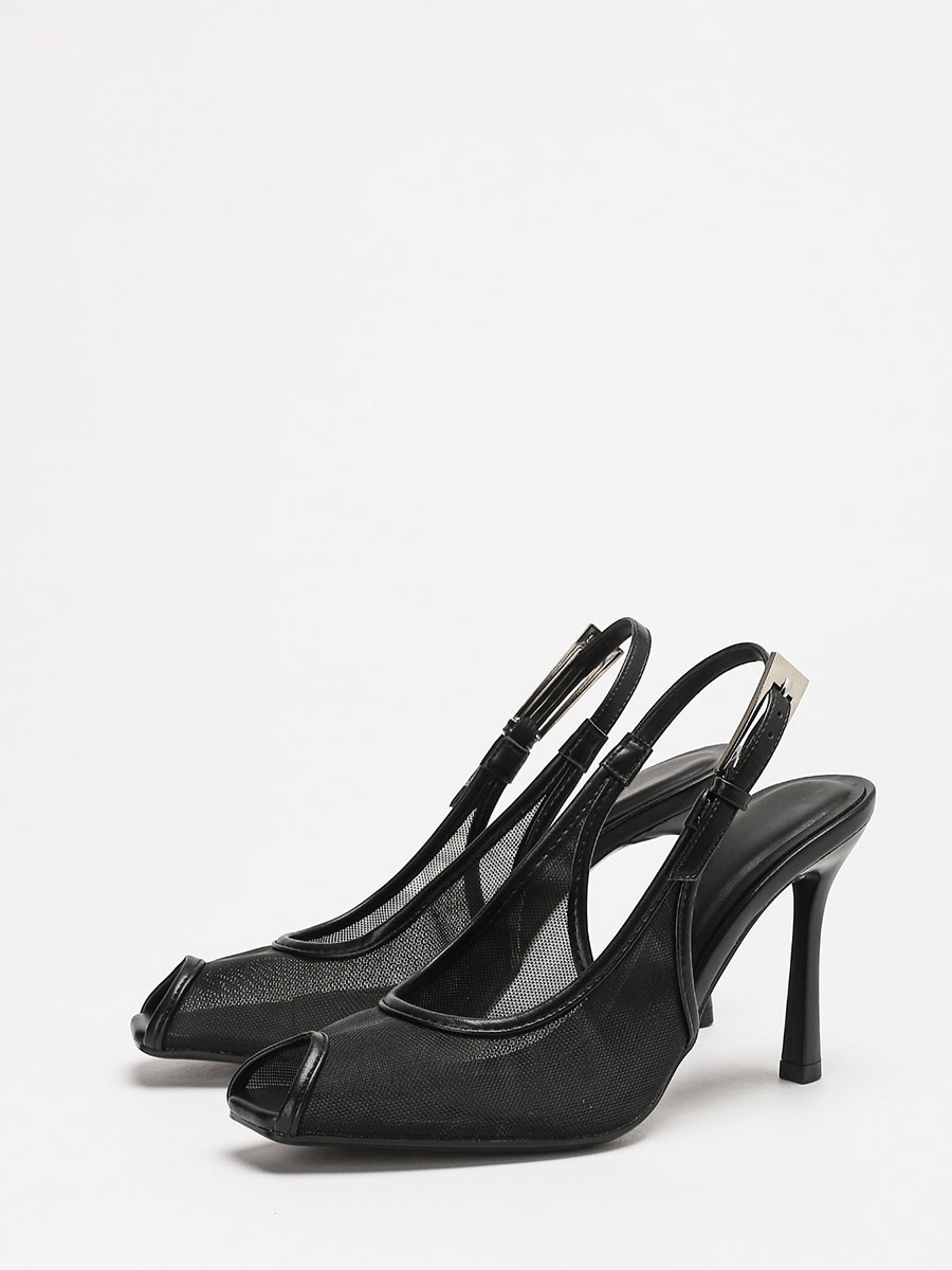 Women’s Black Mesh Synthetic Buckle Stiletto Heels Slingback Peep Toe Sandals (1)
