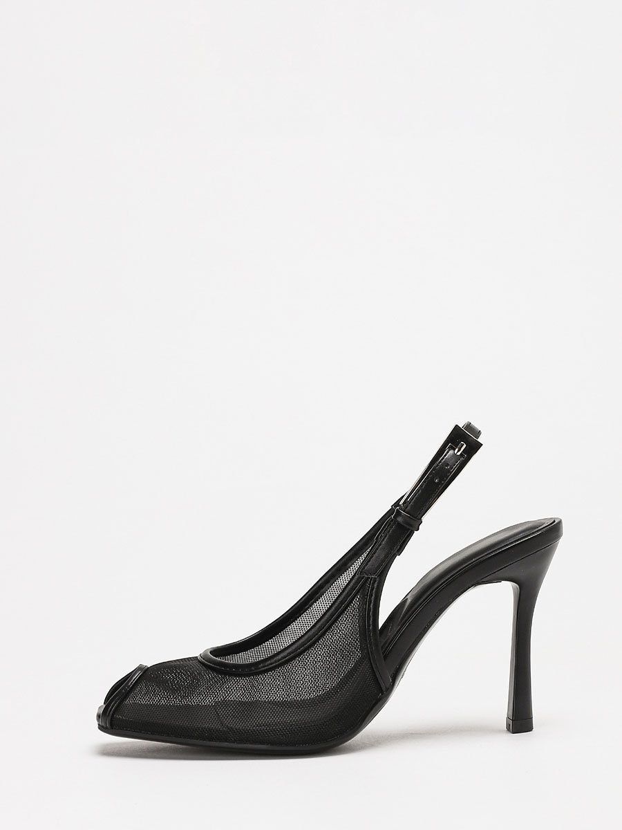 Women’s Black Mesh Synthetic Buckle Stiletto Heels Slingback Peep Toe Sandals