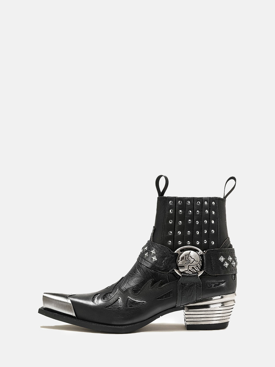 Women’s Black Microfiber Metal Square Toe Skull Buckle Block Heels Studded Ankle Boots