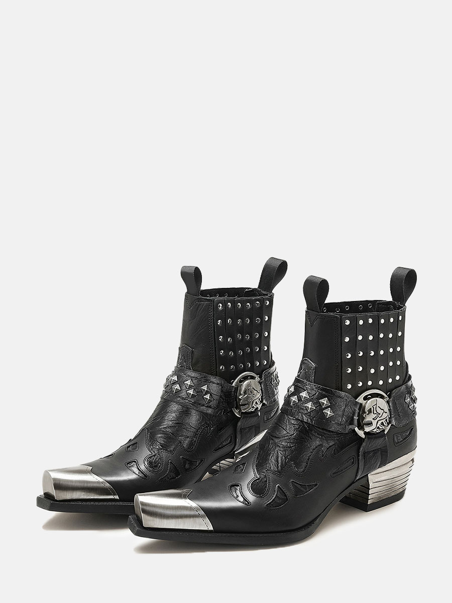 Women’s Black Microfiber Metal Square Toe Skull Buckle Block Heels Studded Ankle Boots (2)