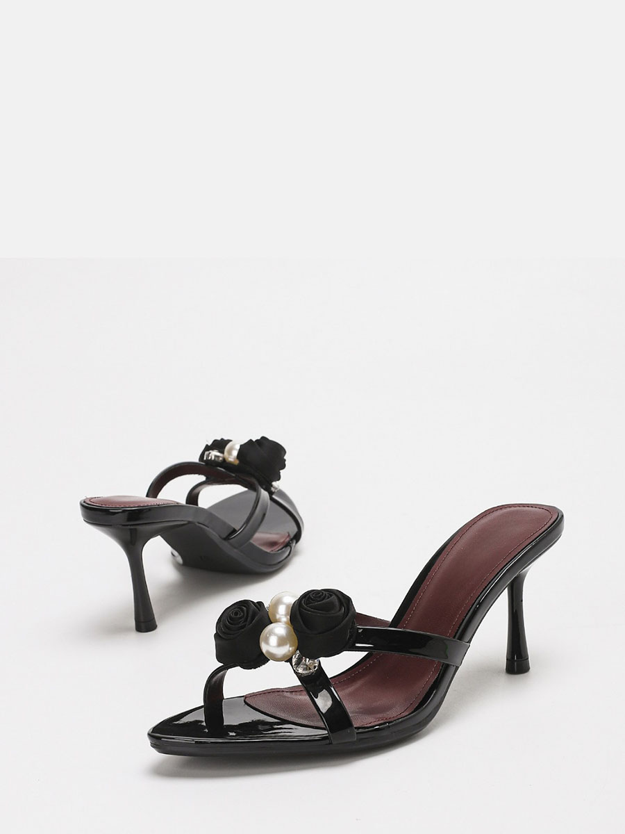 Women’s Black Mirror Synthetic Pearl Rhinestone Rose Flowers Stiletto Heels Open Toe Sandals (2)