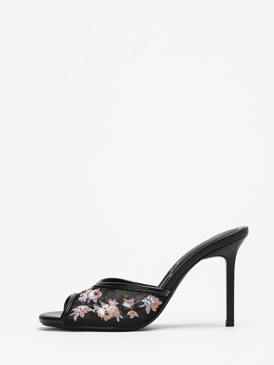 Women’s Black PU Mesh Floral Embroidered Peep Toe Stiletto Heels Mules
