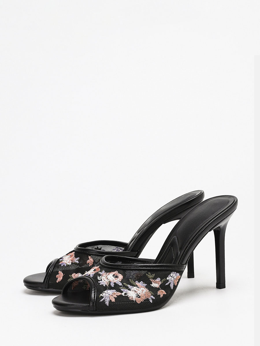 Women’s Black PU Mesh Floral Embroidered Peep Toe Stiletto Heels Mules (2)