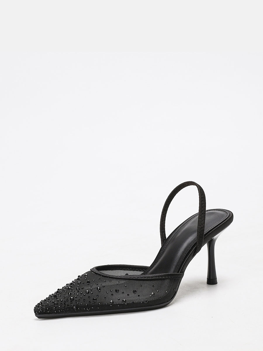 Women’s Black PU Mesh Pointed Toe Rhinestone Slingback Stiletto Heels Pumps