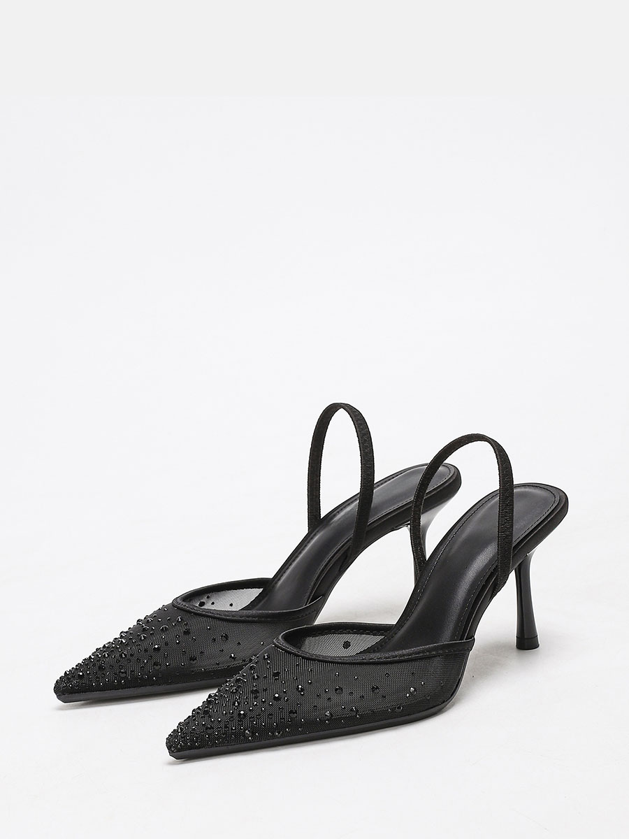 Women’s Black PU Mesh Pointed Toe Rhinestone Slingback Stiletto Heels Pumps (2)
