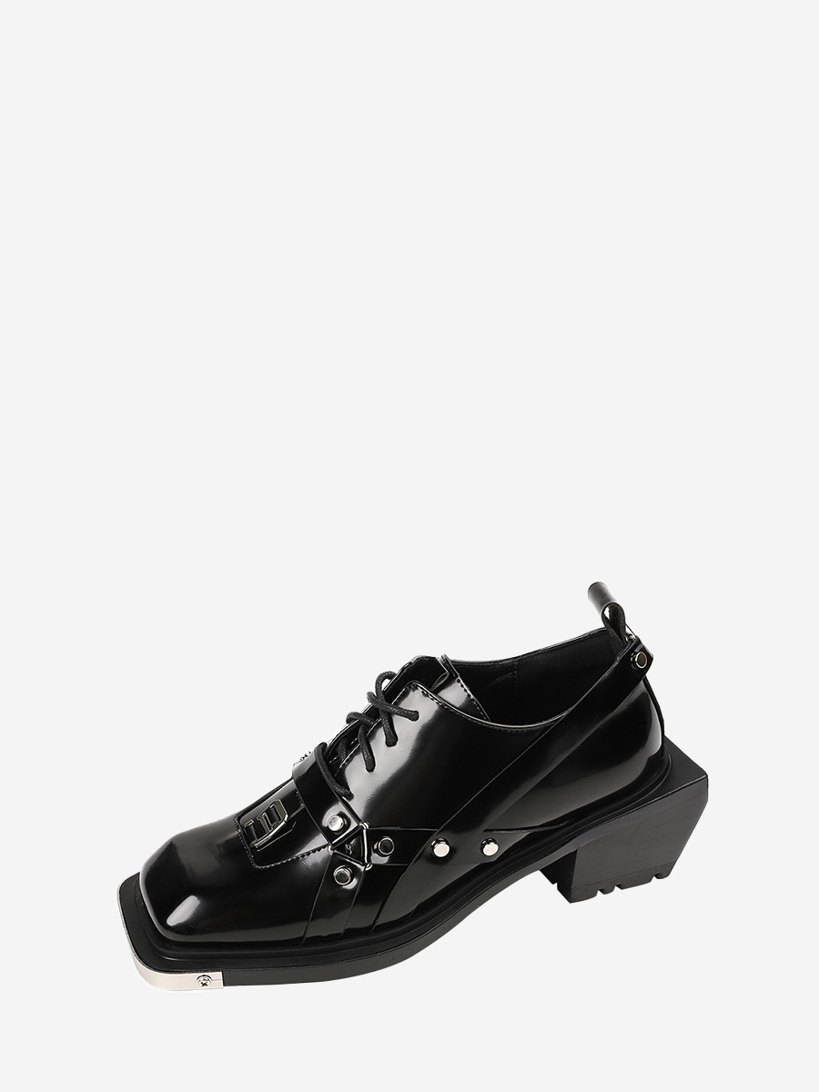 Women’s Black Patent Crisscross Metal Buckle Lace-Up Chunky Heels Square Toe Oxfords