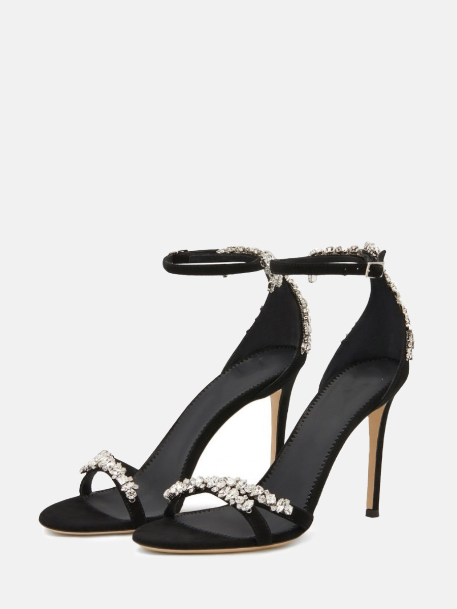 Women’s Black Suede Lambskin Rhinestone Ankle Strap Buckle Stiletto Heels Open Toe Sandals (1)
