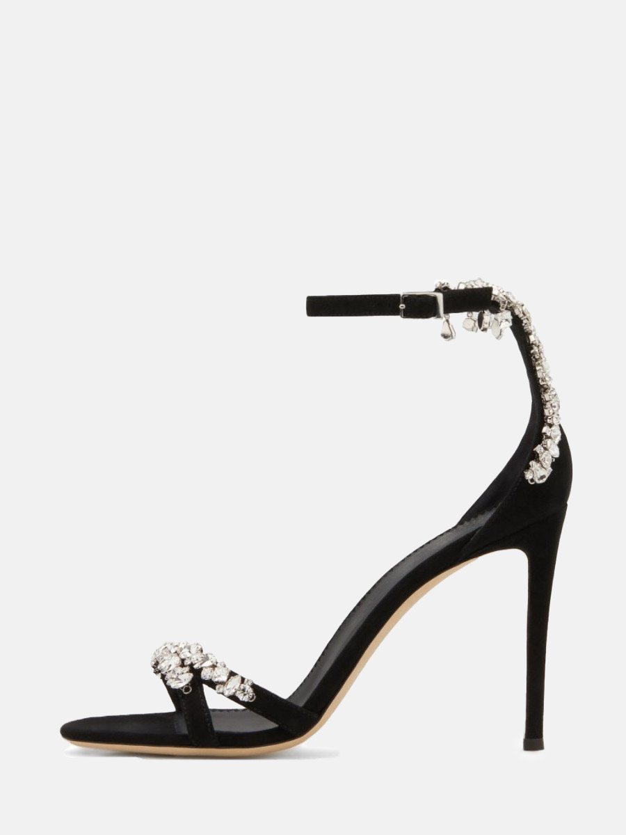 Women’s Black Suede Lambskin Rhinestone Ankle Strap Buckle Stiletto Heels Open Toe Sandals
