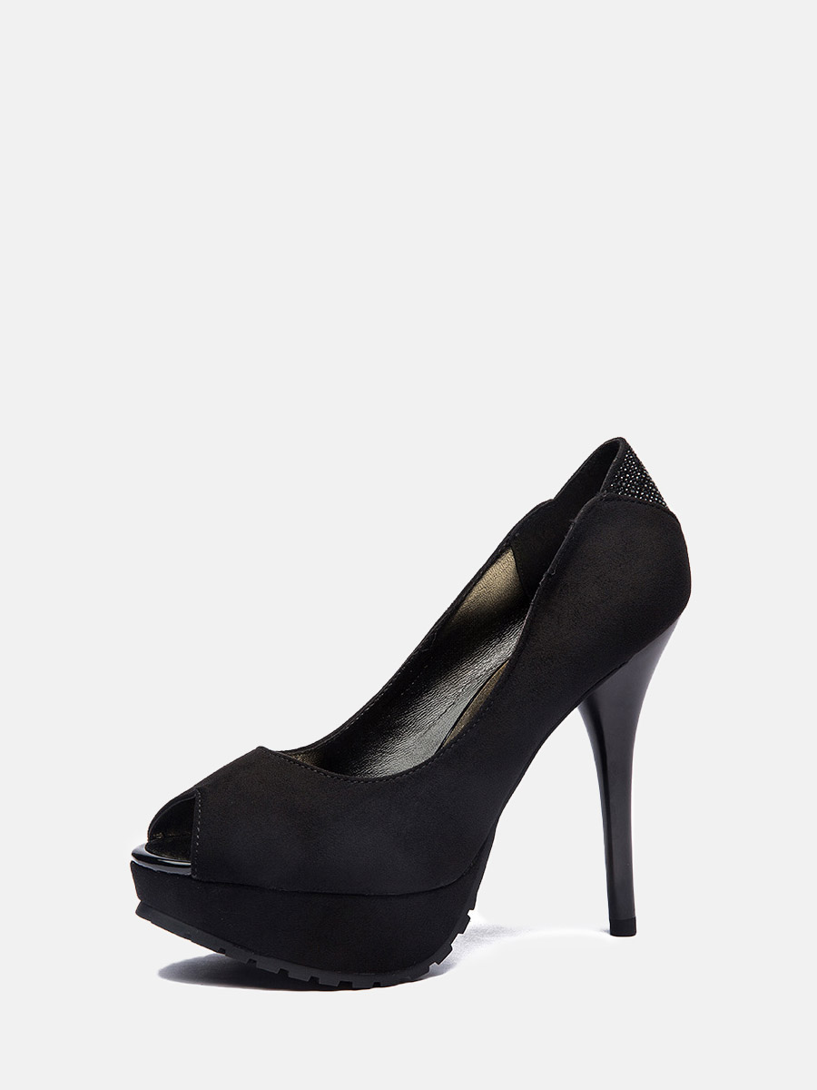 Women’s Black Suede Microfiber Peep Toe Rhinestone Platform Stiletto Heel Pumps