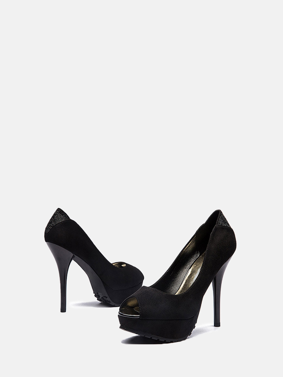 Women’s Black Suede Microfiber Peep Toe Rhinestone Platform Stiletto Heel Pumps (2)