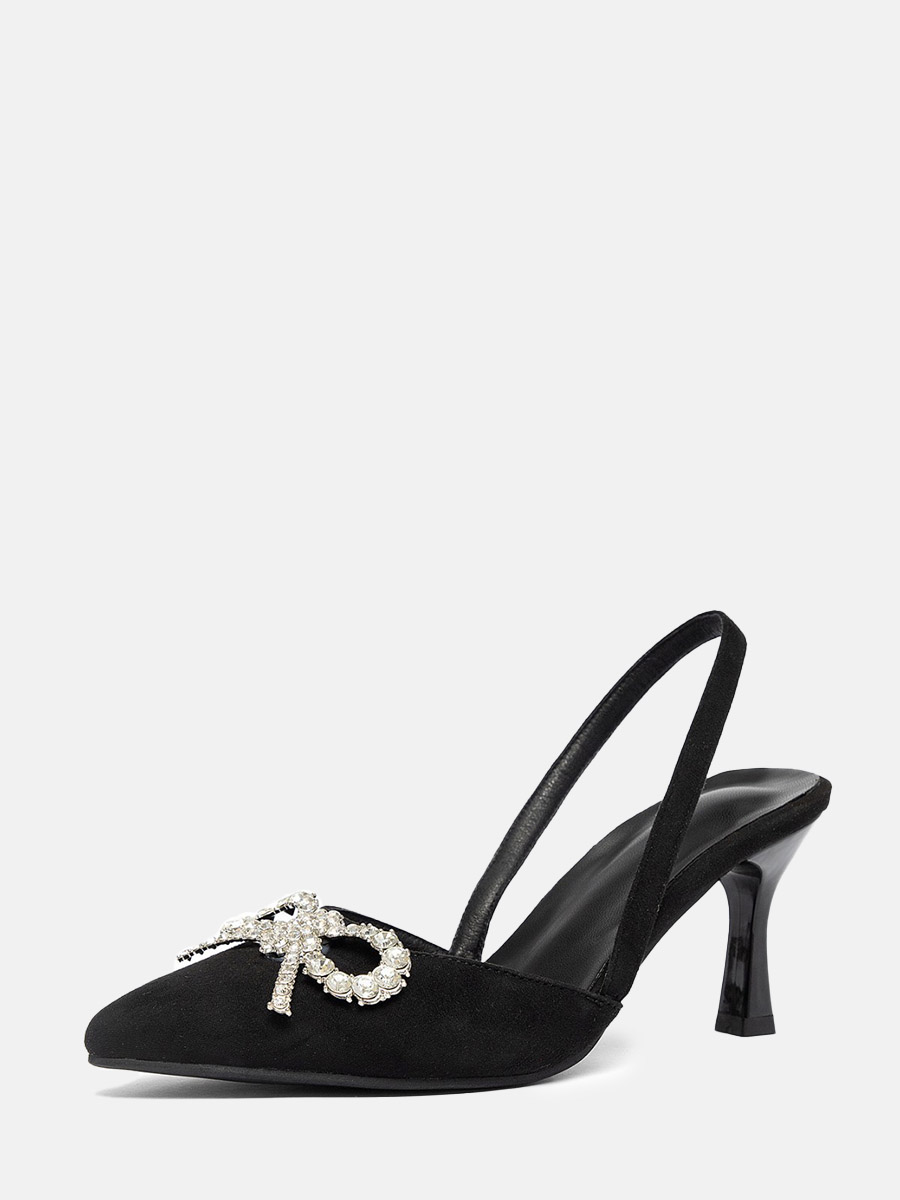 Women’s Black Suede Rhinestone Bow Buckle Slingback Spool Heels Pumps (1)
