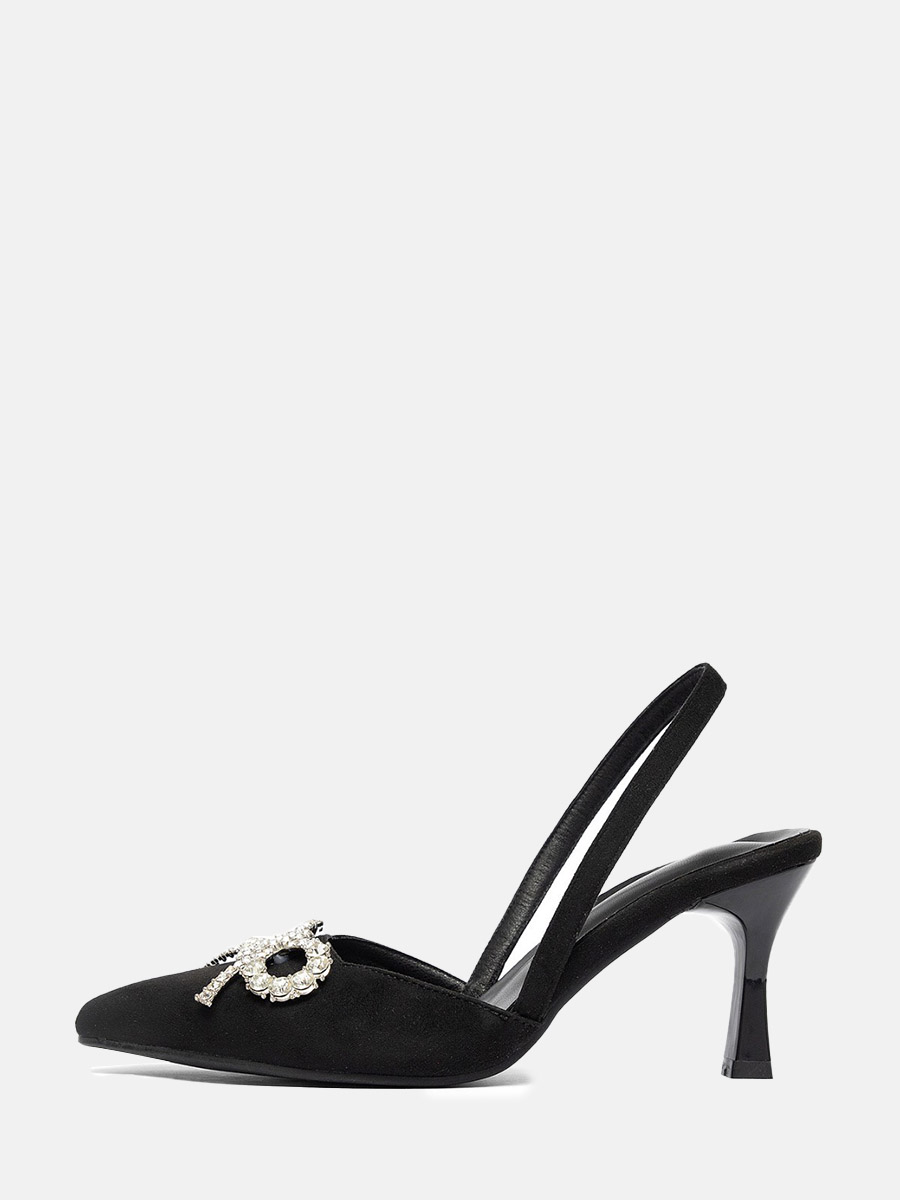 Women’s Black Suede Rhinestone Bow Slingback Spool Heels Pumps