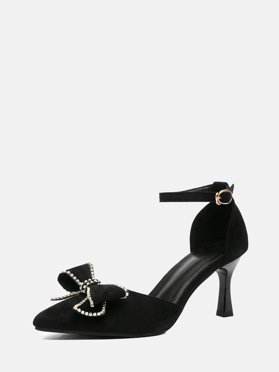 Women’s Black Suede Synthetic Pointed Toe Rhinestone Bow Ankle Strap Buckle D’orsay Spool Heels Pumps (1)