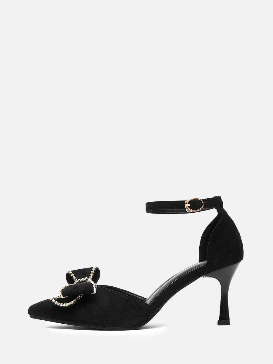 Women’s Black Suede Synthetic Pointed Toe Rhinestone Bow Ankle Strap Buckle D'orsay Spool Heels Pumps