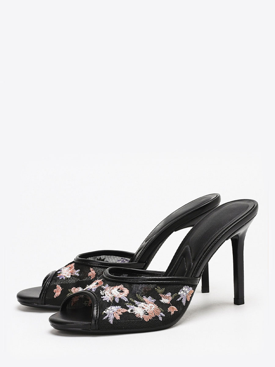 Women’s Black Synthetic Leather Embroidered Floral Mesh Peep Toe Stiletto Heels Mules (1)