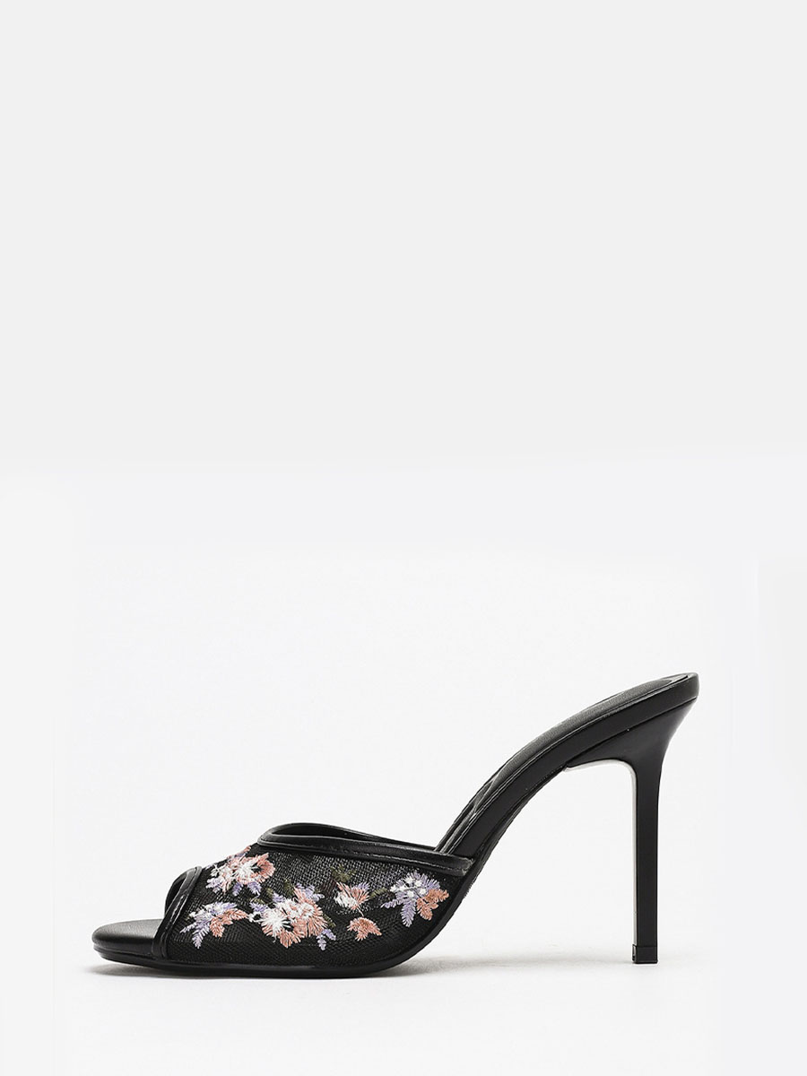 Women’s Black Synthetic Leather Embroidered Floral Mesh Peep Toe Stiletto Heels Mules