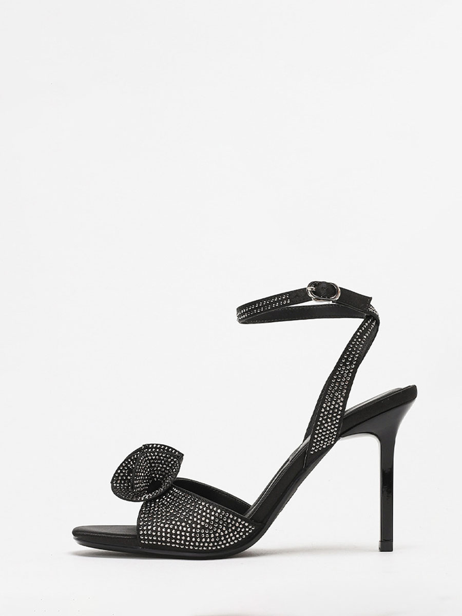 Women’s Black Synthetic Leather Rhinestone Ankle Strap Buckle Stiletto Heels Sandals