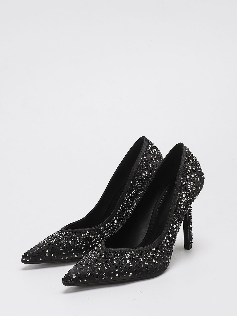 Women’s Black Synthetic Leather Rhinestone Pointed Toe Stiletto Heels Pumps (2)
